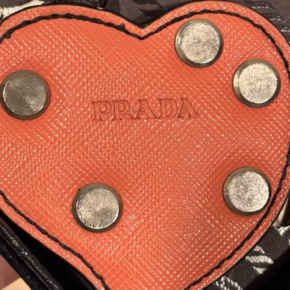 Prada Saffiano ‘Trick’ Coral Leather Studded Heart Keychain W/ Box - Picture 5 of 16